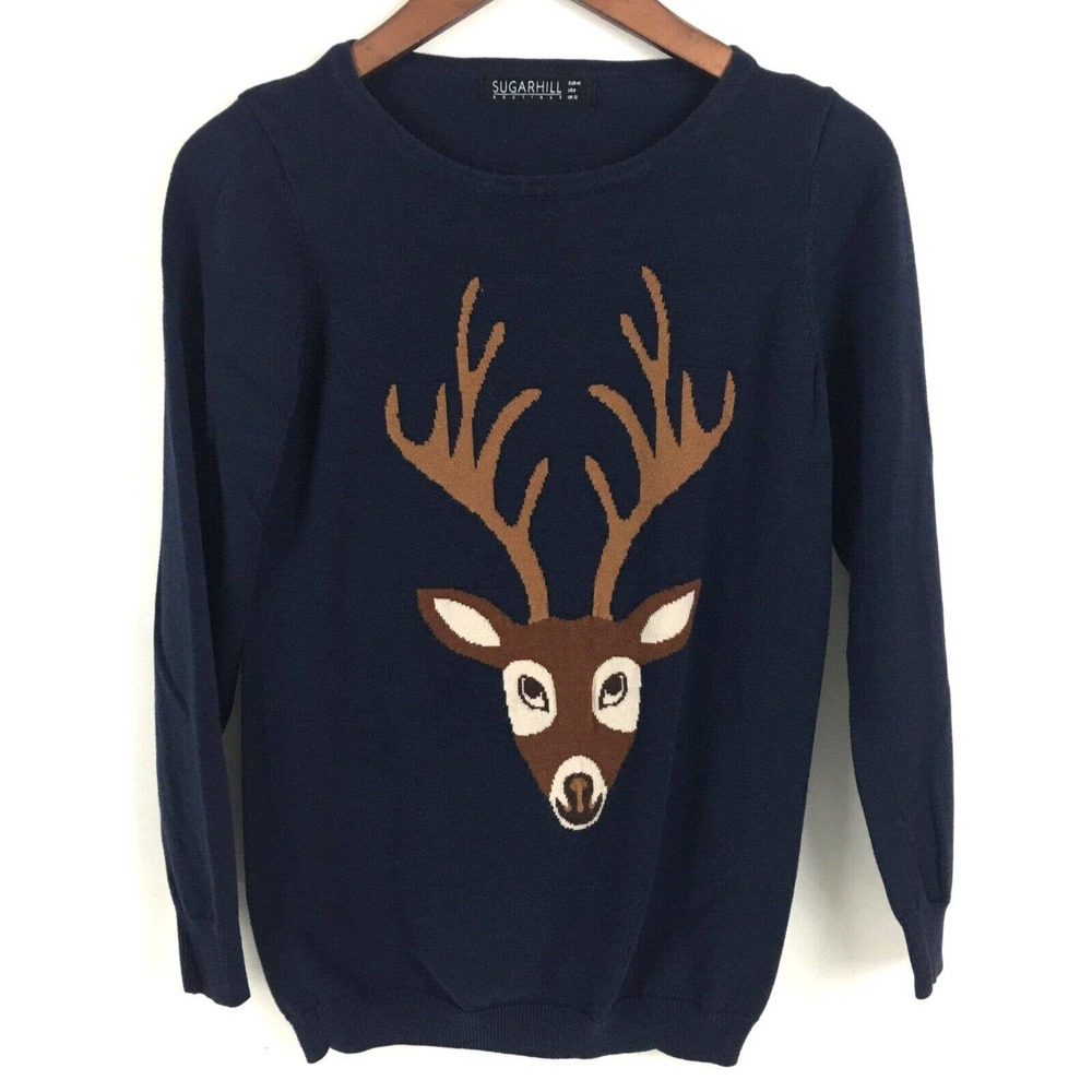 Sugarhill Boutique Womens Sweater Size 8 Blue Deer Print Long Sleeve Rayon